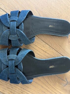 Yves Saint Laurent Denim Knot Slide Sandals - Blue